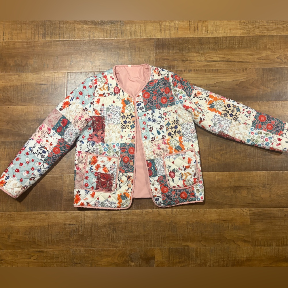 Quilted Patchwork Floral Jacket - Pink Multi M